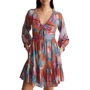 Banjanan Dress Women’s XS Colorful Macaw‎ Voile Mini Ruffle Drawstring Neckline